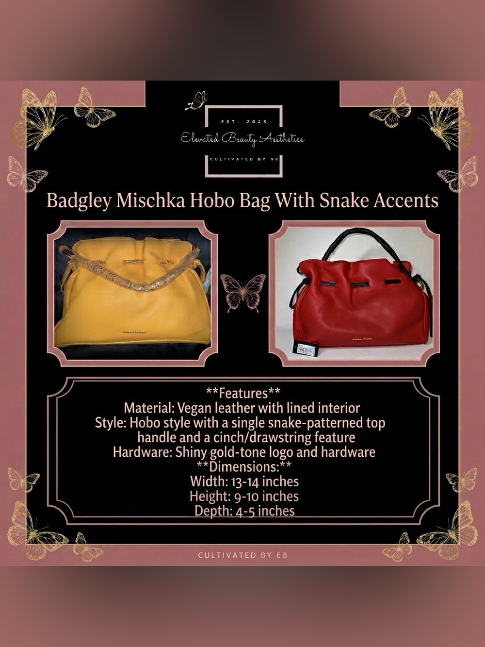Badgley Mischka NWT Vegan Leather Hobo Bag with Snake-Pattern Handle